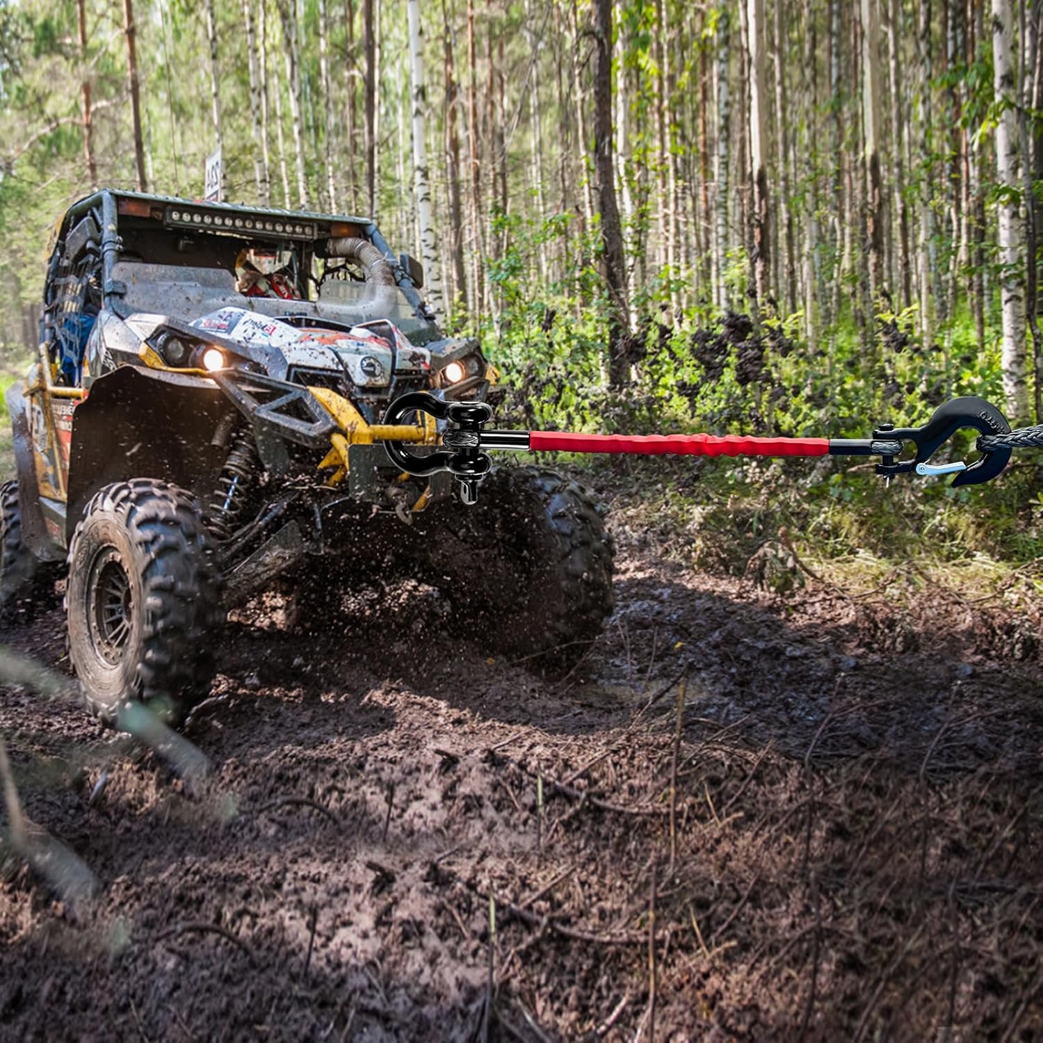 2FT ATV Recovery Strap 18000lb with Winch Hook and D Ring Shackle Synthetic Tow Recovery Rope with Loops Premium Mudding Accessories