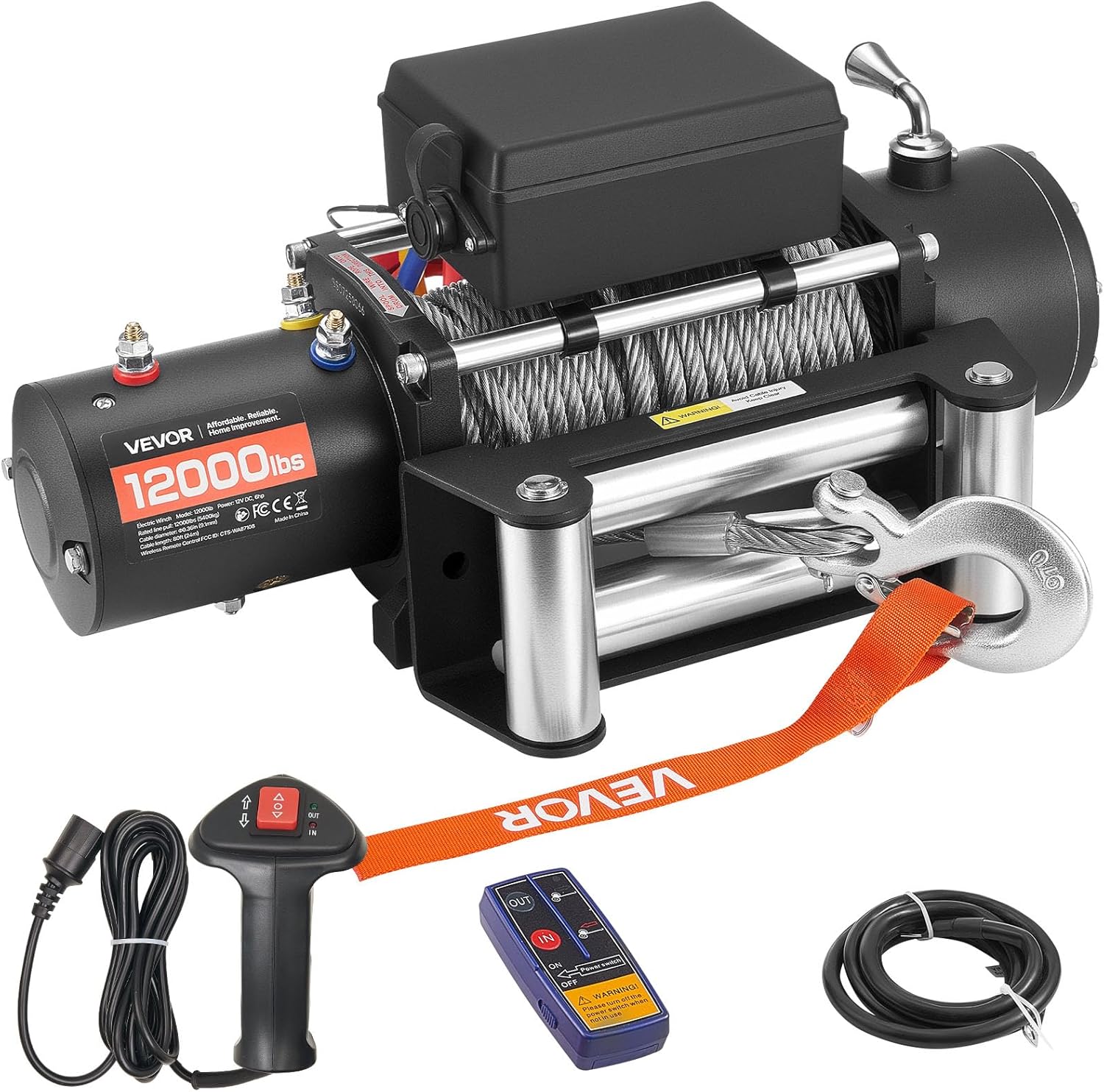 VEVOR Electric Winch, 12000 lbs Load Capacity, 12V DC Truck Winch with Φ0.36 in x 80 ft Steel Rope, Wireless & Wired Remote Control, IP55 Waterproof for Towing SUV Jeep Trailer Boat Off-Road Vehicle