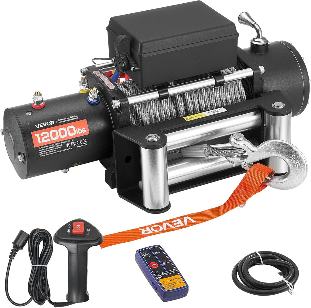 VEVOR Electric Winch, 12000 lbs Load Capacity, 12V DC Truck Winch with Φ0.36 in x 80 ft Steel Rope, Wireless & Wired Remote Control, IP55 Waterproof for Towing SUV Jeep Trailer Boat Off-Road Vehicle