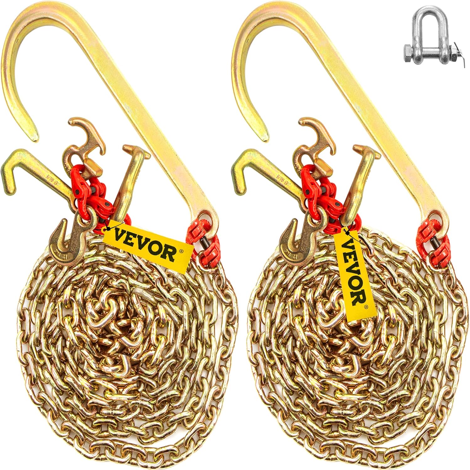 VEVOR J Hook Chain, 2PCS 5/16" x 6' G80 15" Long Shank J Hook Tow Chain with RTJ Cluster Hook & Grab Hook, 5400 lbs Working Load, Heavy Duty Transport Truck Chain for Wrecker Recovery Trailer Towing