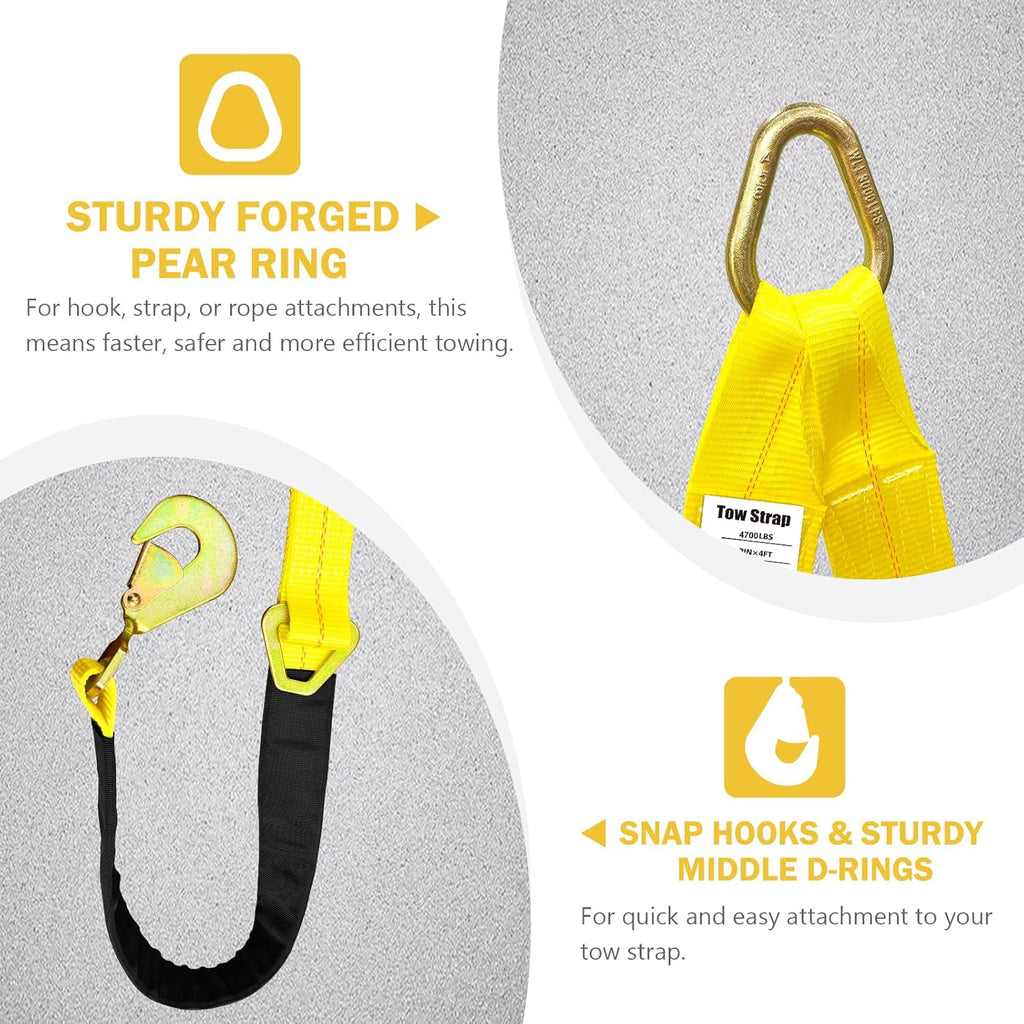 Axle V-Bridle Tow Strap, 2" x 4' Axle Tie Down Straps 4700LBS, with Snap Hooks Cordura Sleeve and Axle Straps, D Ring Middle, ATV Car Truck Recovery Tow Trailer Strap