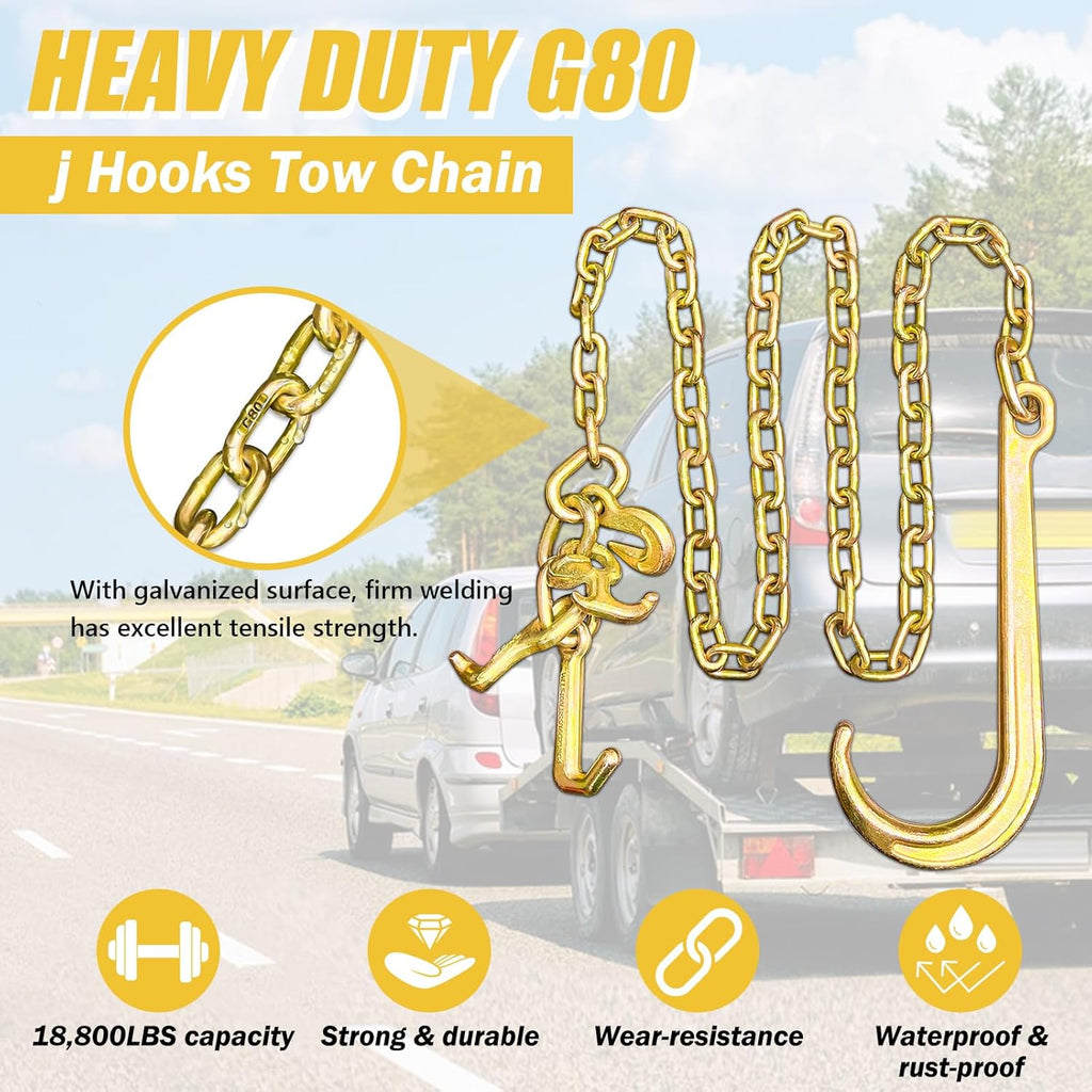 G80 j Hooks Tow Chain, 5/16" x 8' Recovery Tow Hooks Chain 15IN J Hook w/RTJ & Grab Hook, 18800LBS Tow Truck Accessories J Hooks, Bridle Tow Transport Chain, Wrecker Towing Truck Equipment