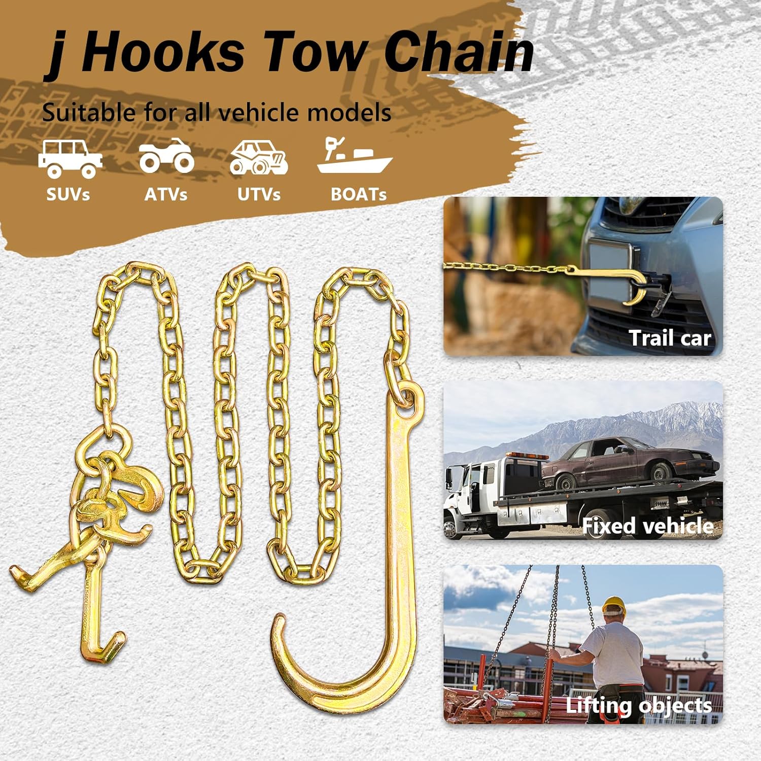 G80 j Hooks Tow Chain, 5/16" x 8' Recovery Tow Hooks Chain 15IN J Hook w/RTJ & Grab Hook, 18800LBS Tow Truck Accessories J Hooks, Bridle Tow Transport Chain, Wrecker Towing Truck Equipment