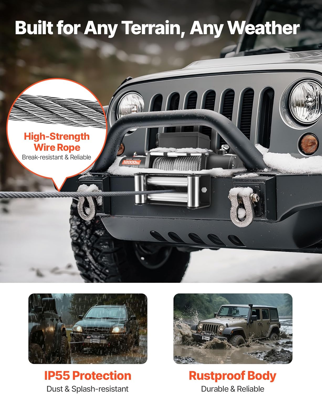 VEVOR Electric Winch, 12000 lbs Load Capacity, 12V DC Truck Winch with Φ0.36 in x 80 ft Steel Rope, Wireless & Wired Remote Control, IP55 Waterproof for Towing SUV Jeep Trailer Boat Off-Road Vehicle