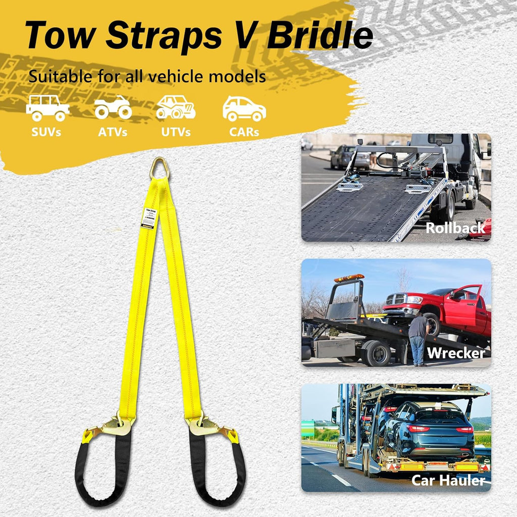 Axle V-Bridle Tow Strap, 2" x 4' Axle Tie Down Straps 4700LBS, with Snap Hooks Cordura Sleeve and Axle Straps, D Ring Middle, ATV Car Truck Recovery Tow Trailer Strap