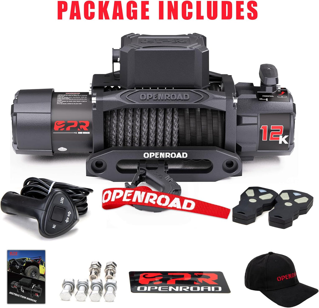 OPENROAD 12000 lbs Winch with Synthetic Rope and 2 Wireless Remotes -Panther Series 3S