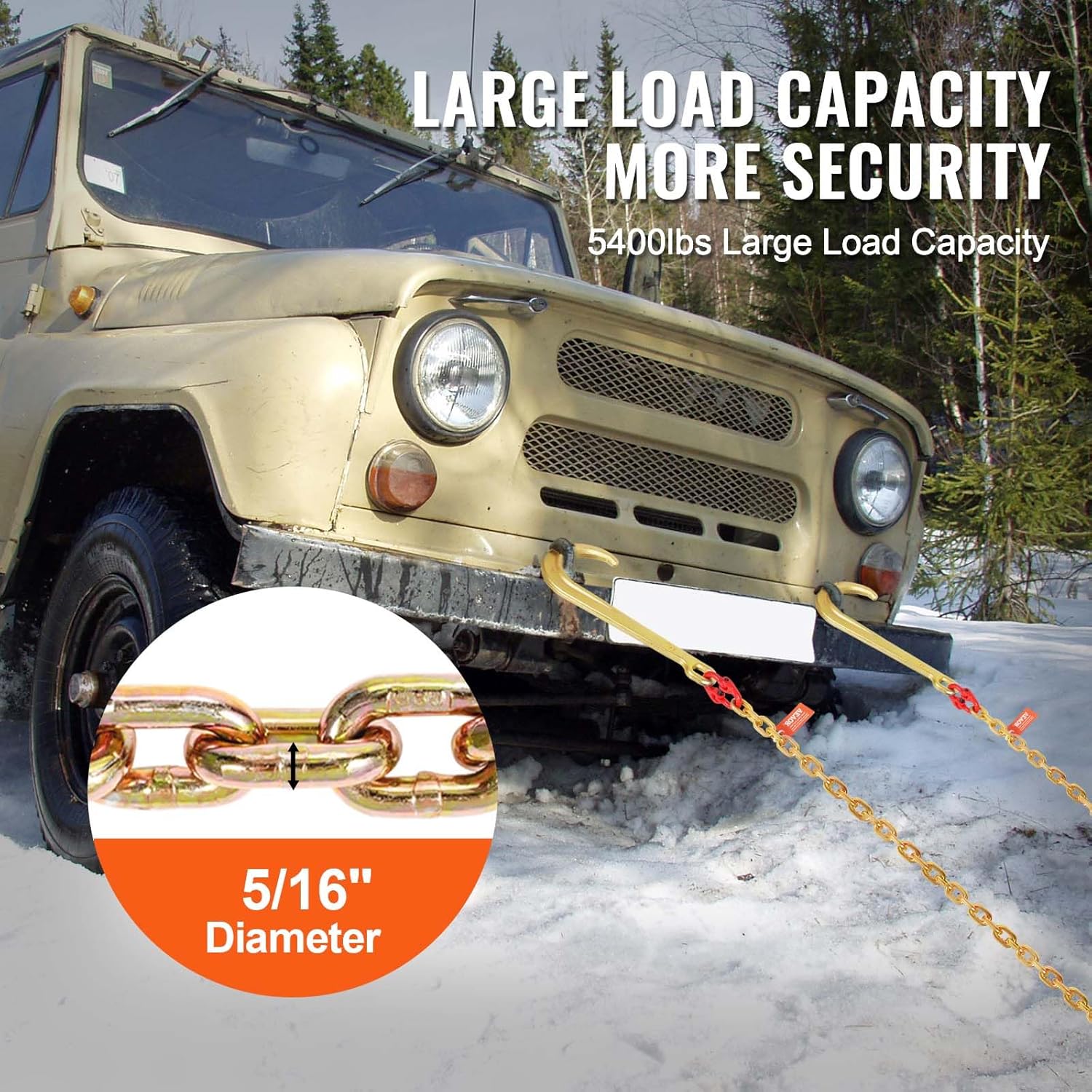 VEVOR J Hook Chain, 2PCS 5/16" x 6' G80 15" Long Shank J Hook Tow Chain with RTJ Cluster Hook & Grab Hook, 5400 lbs Working Load, Heavy Duty Transport Truck Chain for Wrecker Recovery Trailer Towing