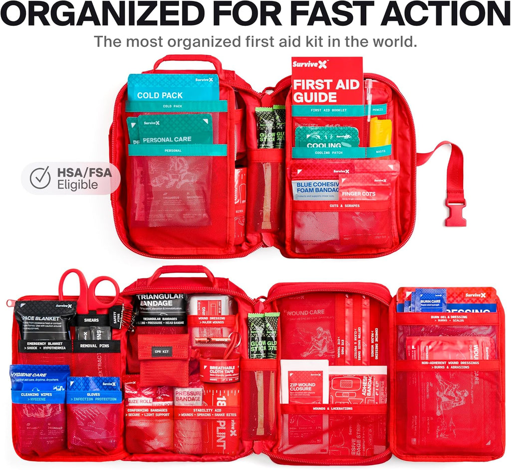 Large Pro First Aid Kit for Car, Travel & Home - Emergency Kit for Hiking, Camping, Backpacking and Outdoors - Includes Zip Stitch Wound Closure Strips