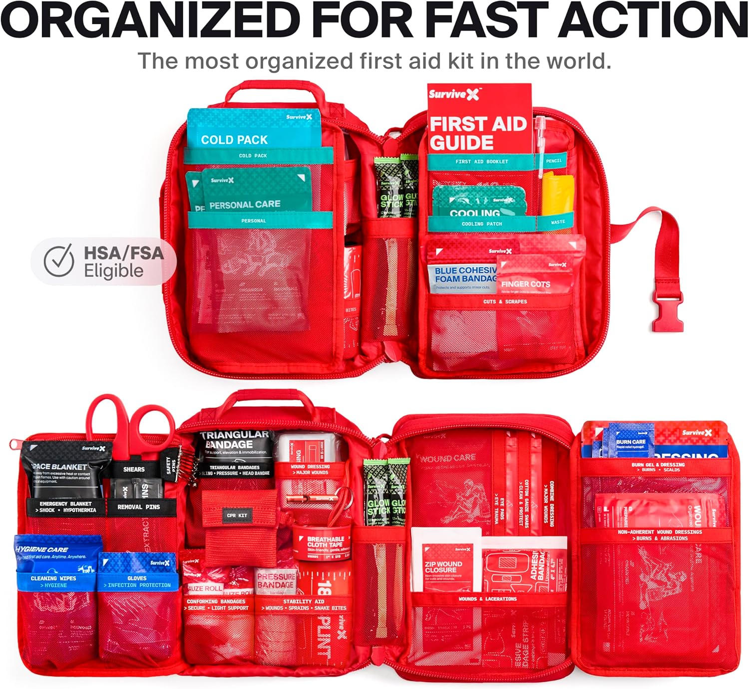 Large Pro First Aid Kit for Car, Travel & Home - Emergency Kit for Hiking, Camping, Backpacking and Outdoors - Includes Zip Stitch Wound Closure Strips