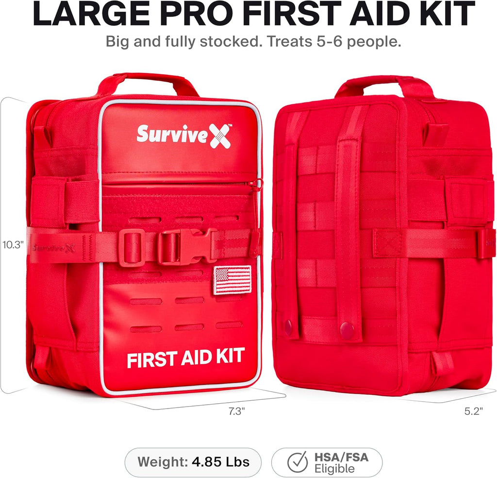 Large Pro First Aid Kit for Car, Travel & Home - Emergency Kit for Hiking, Camping, Backpacking and Outdoors - Includes Zip Stitch Wound Closure Strips